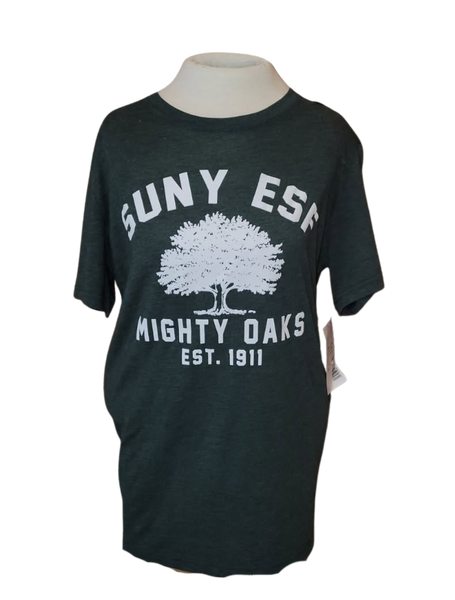 Forest green t-shirt with 'SUNY ESF Mighty Oaks EST. 1911' text and tree graphic 