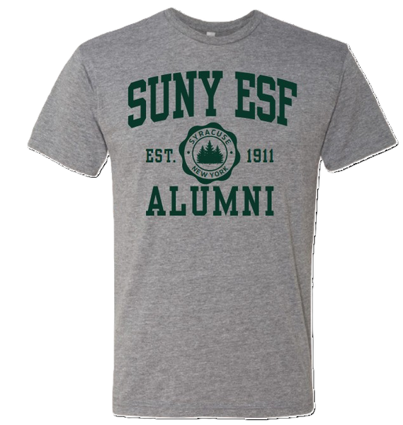 Gray t-shirt with 'SUNY ESF Alumni'. In the middle of SUNY ESF and Alumni is EST 1911. In between EST 1911 there is a circle with Syracuse New York and three pine trees. 