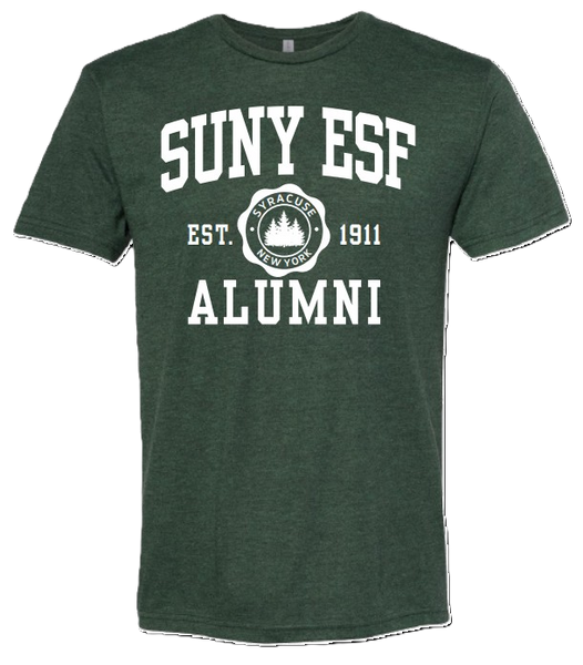 Green t-shirt with 'SUNY ESF Alumni'. In the middle of SUNY ESF and Alumni is EST 1911. In between EST 1911 there is a circle with Syracuse New York and three pine trees. 