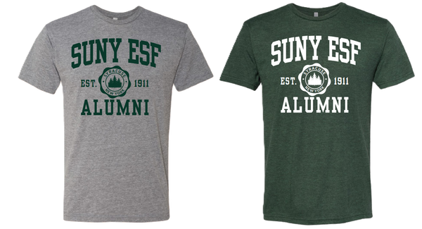 Two t-shirts, one gray and one green, with SUNY ESF Alumni, EST 1911 with circle in the middle that has Syracuse New York and three pine trees. 