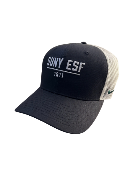 Black cap with 'SUNY ESF' text on the the front. Under SUNY ESF it has 1911. Mesh in the back with a Nike swoosh on the side