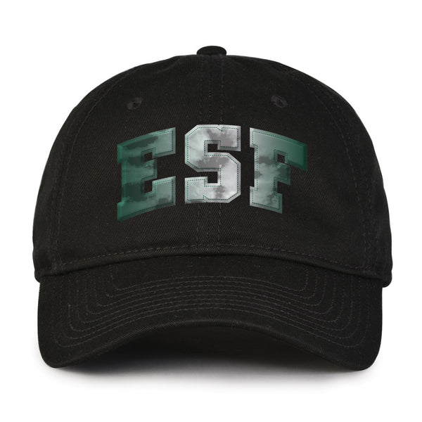 Black tie-dye baseball cap with 'ESF' text on the front.