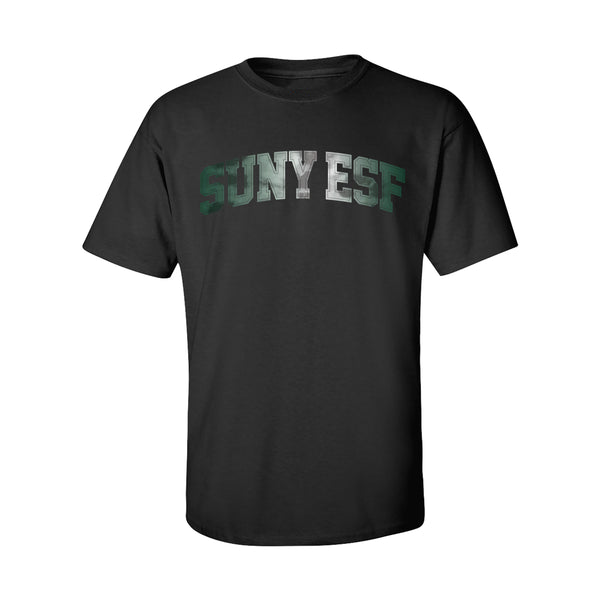 Black t-shirt with 'SUNY ESF' text with green, and white tie dye letters