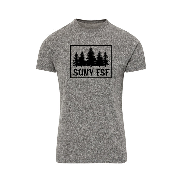 A gray heather tee featuring ESF and trees in black is soft and lightweight.