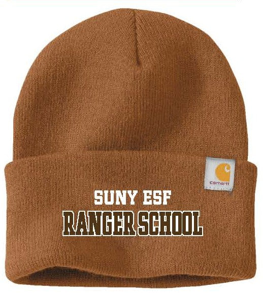 Brown knit beanie with 'SUNY ESF Ranger School' text and Carhartt logo.