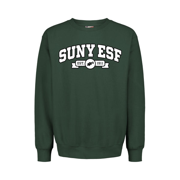 Green sweatshirt with 'SUNY ESF' text on a white background. EST 1911 with leaf and acorn