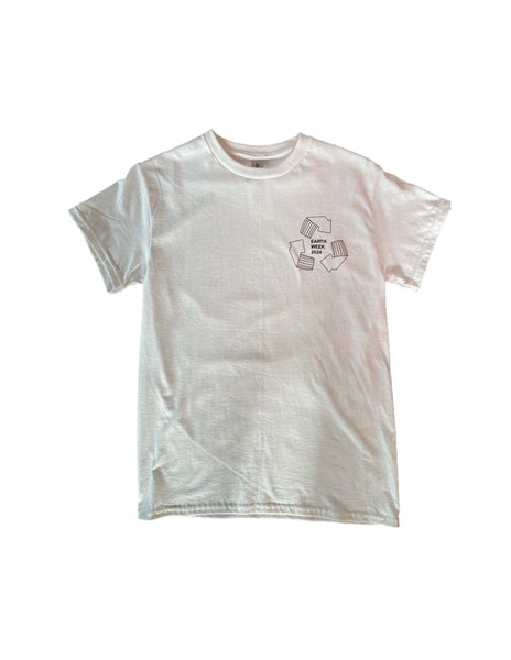 A white cotton T-shirt with a graphic design on the front featuring a recycling symbol and the text 'EARTH DAY 2024'.