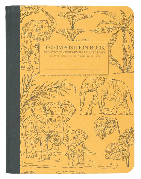 A decomposition book with a yellow-orange cover decorated with black line drawings of elephants and tropical leaves. The front cover features a central label that reads 'DECOMPOSITION BOOK' with additional text below, and a dark gray spine is visible on the left.