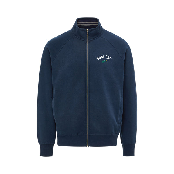 Navy blue zip up jacket with 'SUNY ESF' leaf and acorn logo 