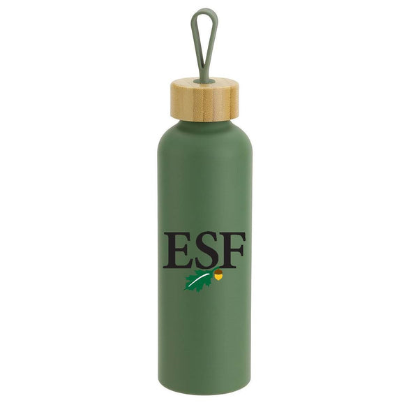 A green recycled aluminum water bottle with a bamboo top and a loop for carrying. The bottle has the 'ESF' leaf and acorn logo printed on it.