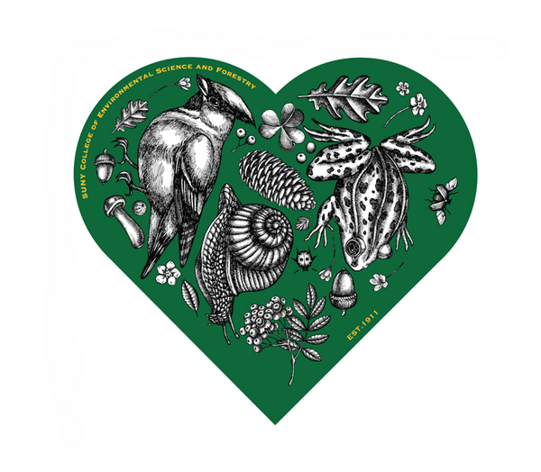A green heart sticker which has SUNY College Of Environmental Science And Forestry on top of the heart. It has leaves, acorns, bird, frog, pine cones, lady bug, and flowers in the middle of the heart. On the bottom of the heart it has EST. 1911