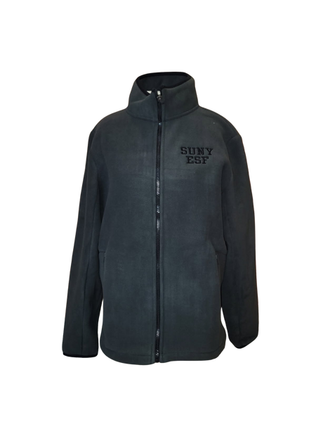 Dark gray fleece jacket with 'SUNY FST' text on a white background