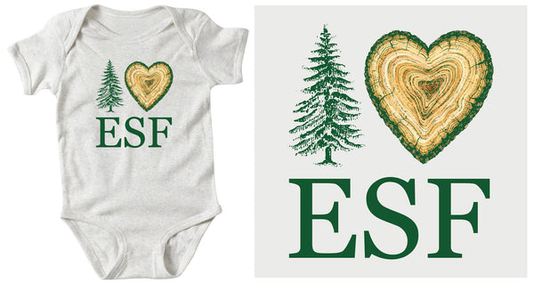Oatmeal baby onesie with 'ESF' and nature-themed design on a white background