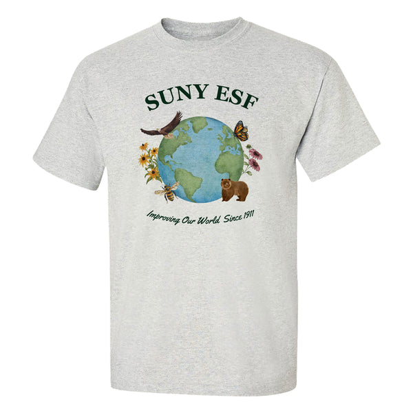 A light heather gray short-sleeve t-shirt with a colorful graphic on the chest. The graphic features the text 'SUNY ESF' in dark green above a globe illustration with a bird, butterfly, flowers, and a bee and a brown bear, and the phrase 'Improving Our World Since 1911' below.