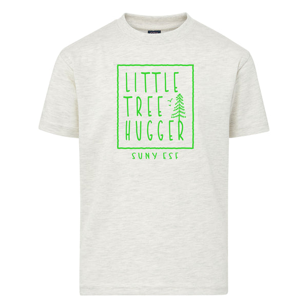 White t-shirt with green 'Little Tree Hugger' text design. ON top of the R in Hugger there is a tree and birds Under that it says SUNY ESF. 
