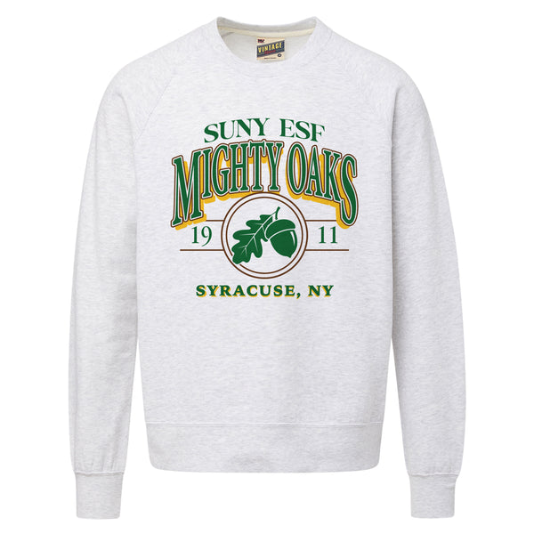 An ash grey crewneck sweatshirt featuring a green, yellow, and brown graphic print on the front that reads 'SUNY ESF MIGHTY OAKS 1911 SYRACUSE, NY' with an oak leaf and acorn logo.