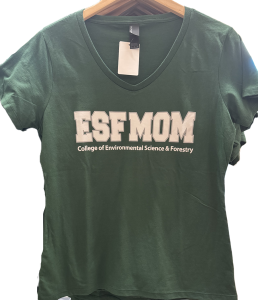 A forest green v-neck t-shirt featuring the text 'ESF MOM' and 'College of Environmental Science & Forestry' printed in white on the front.