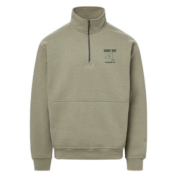 A sage green quarter-zip sweatshirt with a mock neck collar, featuring a small dark green graphic on the left chest that reads 'SUNY ESF SYRACUSE, NY' with a map outline. Acorn is located in middle of the outline of NYS to represent where Syracuse is located in NYS. 