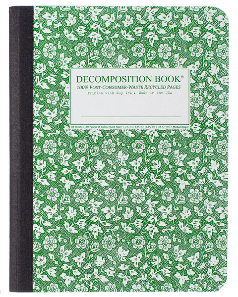 A green and white Parsley patterned decomposition book with a black spine, featuring a white label in the center that reads 'DECOMPOSITION BOOK 100% POST-CONSUMER-WASTE RECYCLED PAGES'. Printed with Soy Ink. Made in the USA. 