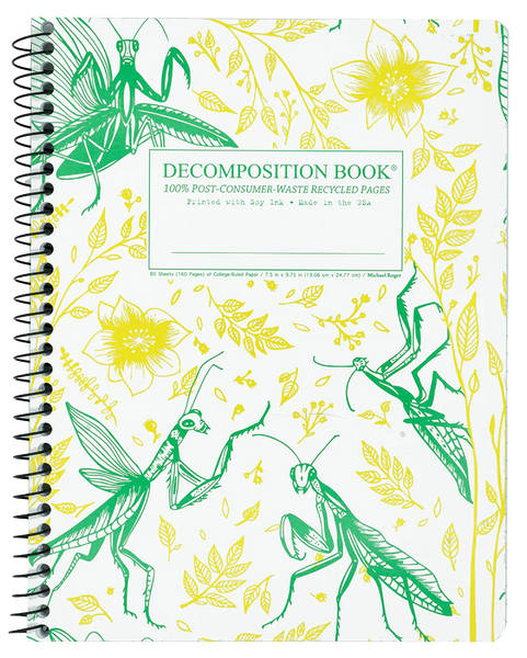 A side spiral-bound decomposition book with a white cover decorated with green and yellow illustrations of praying mantises, flowers, and leaves. The front cover features a green-bordered label that reads 'DECOMPOSITION BOOK' and '100% POST-CONSUMER WASTE RECYCLED PAGES'. Printed with Soy Ink. Made in the USA
