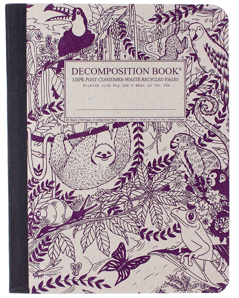 A decomposition book with a black spine and a cream-colored cover decorated with purple line art of rainforest animals and foliage. The front cover features a white label with text that reads 'DECOMPOSITION BOOK 100% POST-CONSUMER-WASTE RECYCLED PAGES'. Printed with Soy Ink. Made in the USA