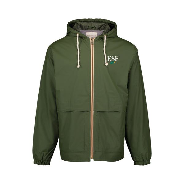 Green raincoat with a ESF leaf and acorn logo. Pockets in the front 