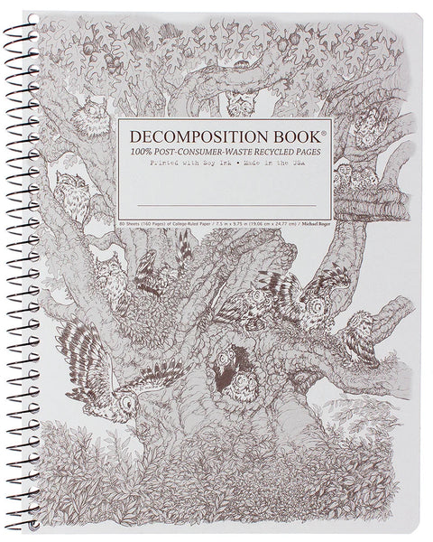 A spiral-bound decomposition book with a detailed black-and-white illustration of screech owls in a tree. The front cover reads 'DECOMPOSITION BOOK' and '100% POST CONSUMER WASTE RECYCLED PAGES. Printed with Soy Ink. Made in the USA