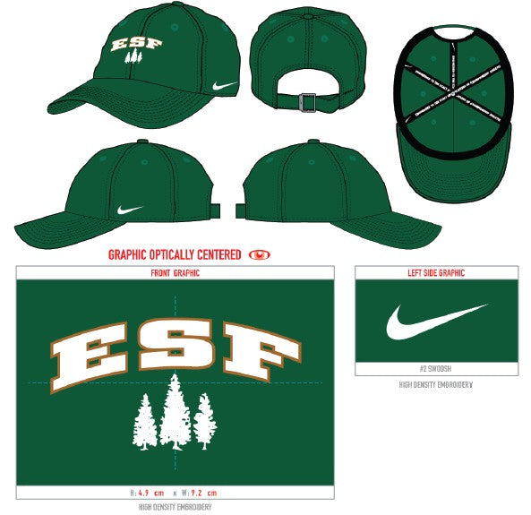 Kids Green cap with ESF lettering in the middle and Nike swish on the left side of the hat. Under ESF lettering there are three pine trees 