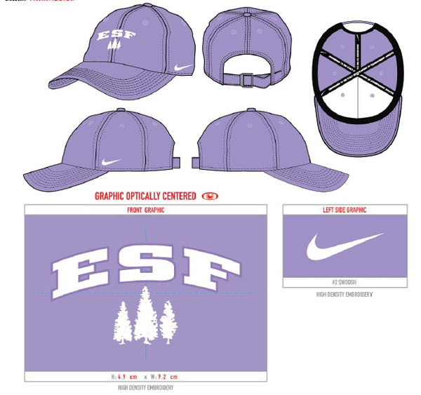 Kids light purple cap with ESF lettering in the middle and Nike swish on the left side of the hat. Under ESF lettering there are three pine trees 