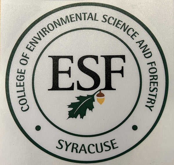 An adhesive decal featuring the ESF Syracuse Seal with the text 'College of Environmental Science and Forestry, Syracuse' and the initials 'ESF' with the leaf and acorn prominently displayed.