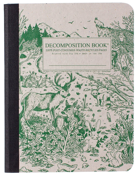A decomposition notebook with a textured off-white cover featuring green line-art illustrations of a deer, fox, trees, and a cabin. The black cloth-bound spine is visible on the left, and a white label in the center reads 'DECOMPOSITION BOOK' with additional text below. 100% Post-Consumer-Waste Recycled Pages. Printed with Soy Ink. Made in the USA. 
