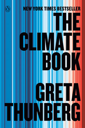 Book cover of 'The Climate Book' by Greta Thunberg with a colorful striped design.