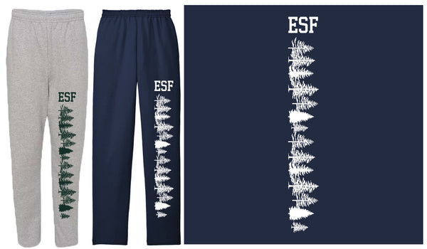 Navy and gray sweatpants with 'ESF' design. Tree design down the left leg