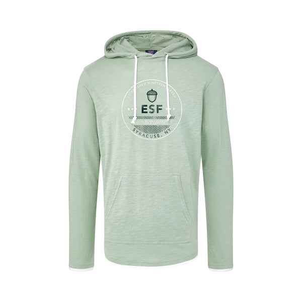 Light green hoodie with ESF and an acorn. In the circle on the top is says established nineteen eleven. Below ESF it has College of Environmental Science & Forestry. Then Syracuse, NY