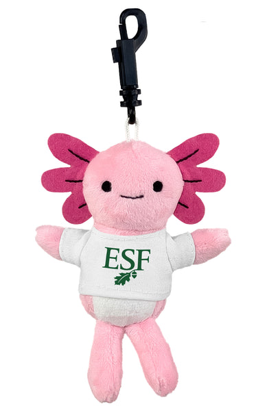 Pink plush axolotl with 'ESF' leaf and acorn on a white background