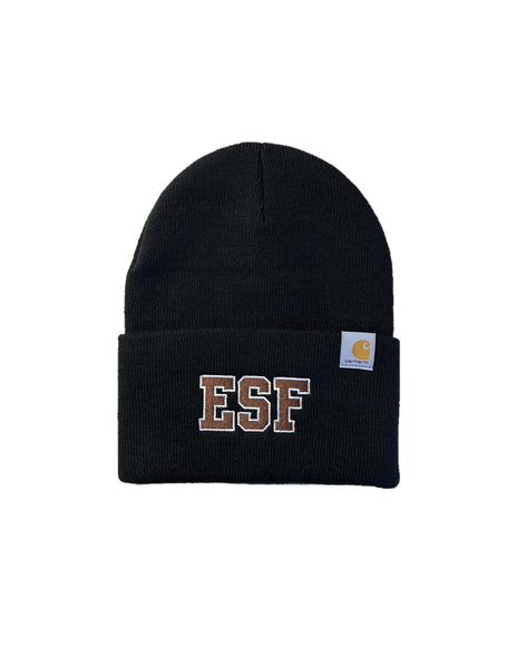 A black Carhartt knit cuffed beanie with the ESF embroidery patch on the fold.