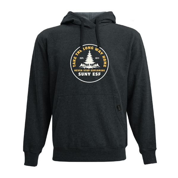 Black hoodie with a logo on the full- chest  with the words "Take the Long Way Home...Never Stop Exploring in gold and a three design in white at the center of the design.