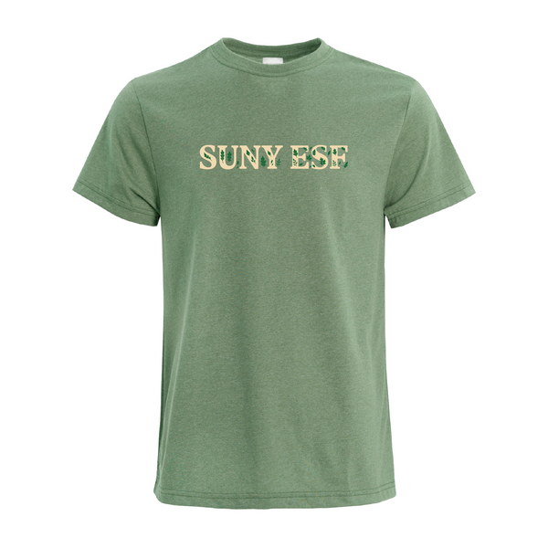 Fern colored t-shirt with a full-chest 'SUNY ESF'  with small leaves in the letters.