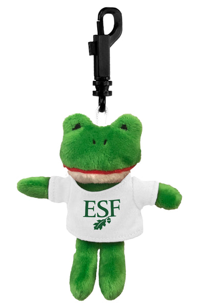 Green plush frog keychain with 'ESF' leaf and acorn on a white background