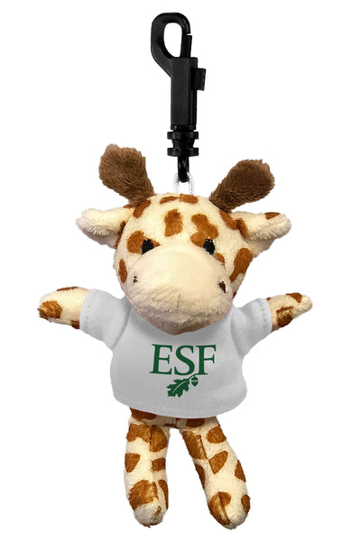 Plush giraffe toy with a white shirt displaying 'ESF' leaf and acorn on a white background