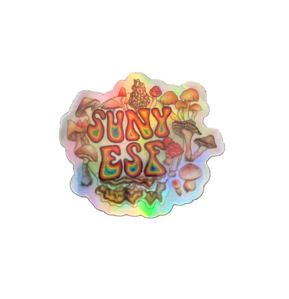 A holographic sticker with a colorful mushroom design and the text 'SUNY ESF'