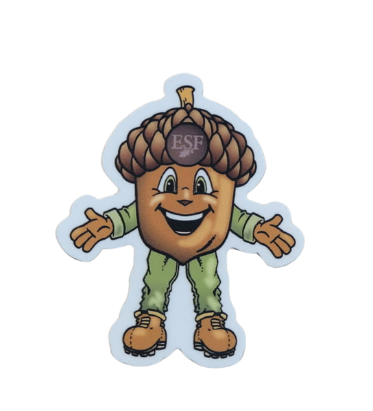 SUNY ESF mascot (Oakie) sticker, Cartoon acorn character with a hat and boots. On the top of the acorn there is ESF with leaf and acorn logo