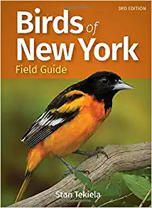 Cover of the 'Birds of New York Field Guide' showing a photograph of a bird perched on a branch against a green background.