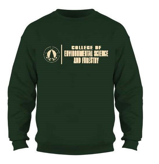 A green crew neck sweatshirt with a tree symbol and the text 'College of Environmental Science and Forestry' printed on the front.
