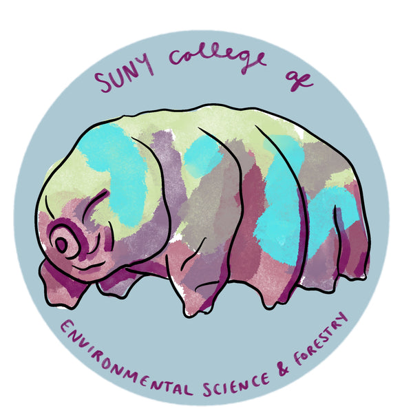 A circular sticker with a colorful illustration of a Tardigrade (Water Bear) on a blue background, with the text 'SUNY College of Environmental Science & Forestry'.
