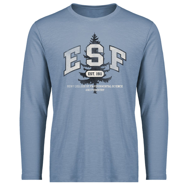 Long-sleeved t-shirt with block letter ESF in center chest with vintage pine tree, EST. 1911 and the full college name; color of shirt is light blue.