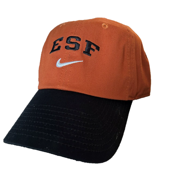 Nike color block campus hat with buckle closure - dark orange and black with "ESF" in black and white Nike swoosh