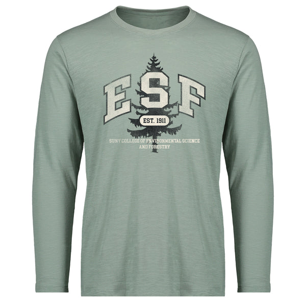 Long-sleeved t-shirt with block letter ESF in center chest with vintage pine tree, EST. 1911 and the full college name; color of shirt is a greyish-green.