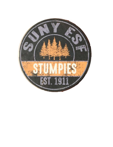 3" circle with SUNY ESF in caps at the top and EST. 1911 at the bottom.  Center design is a group of 5 trees with the word Stumpies below the design.
